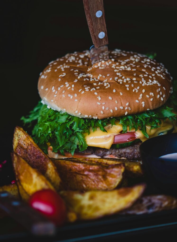 Delicious gourmet cheeseburger and crispy fries served with sauce. Perfect for lunch or dinner.